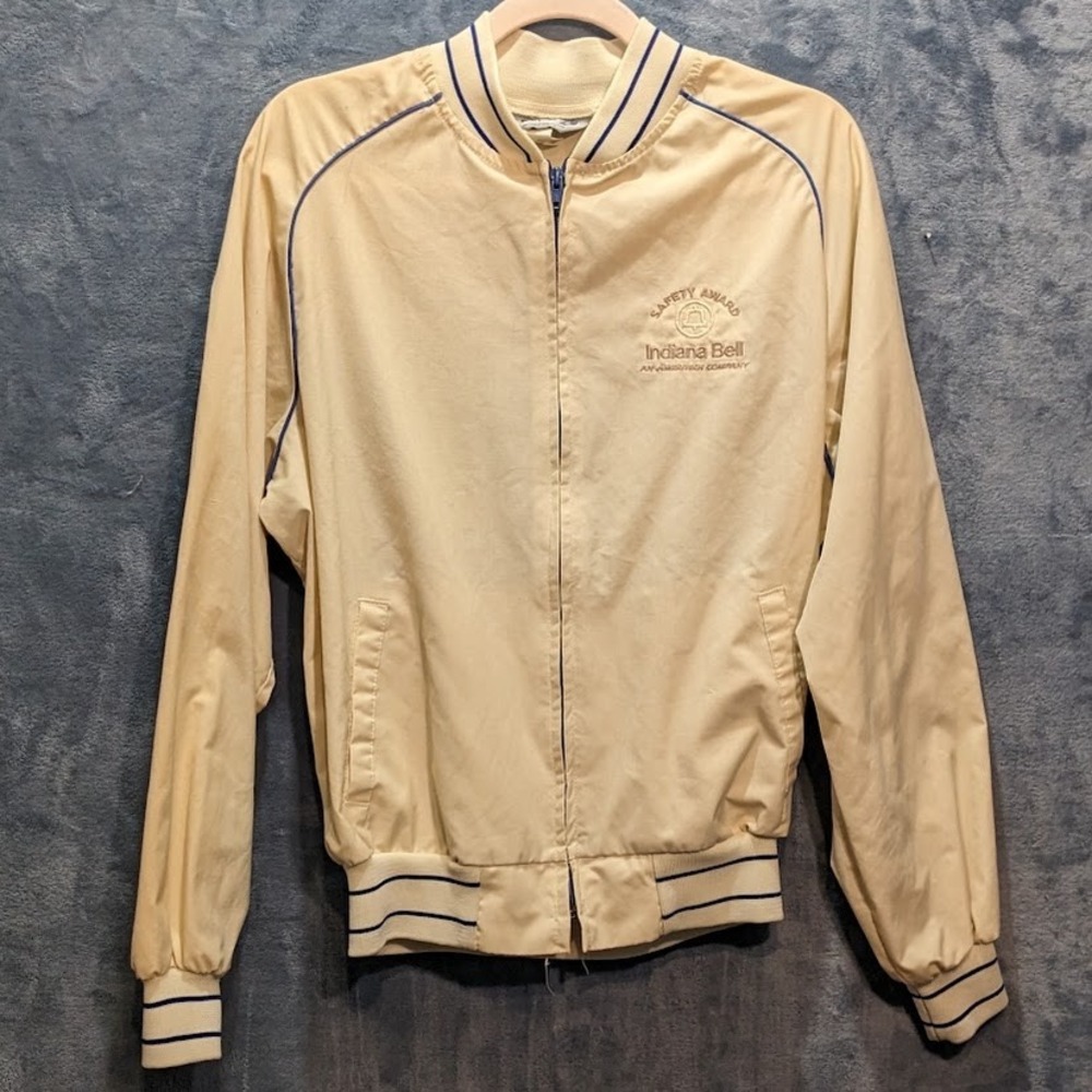 Vintage Swingster Indiana Bell Safety Award Bomber Jacket Cream Blue Unisex L